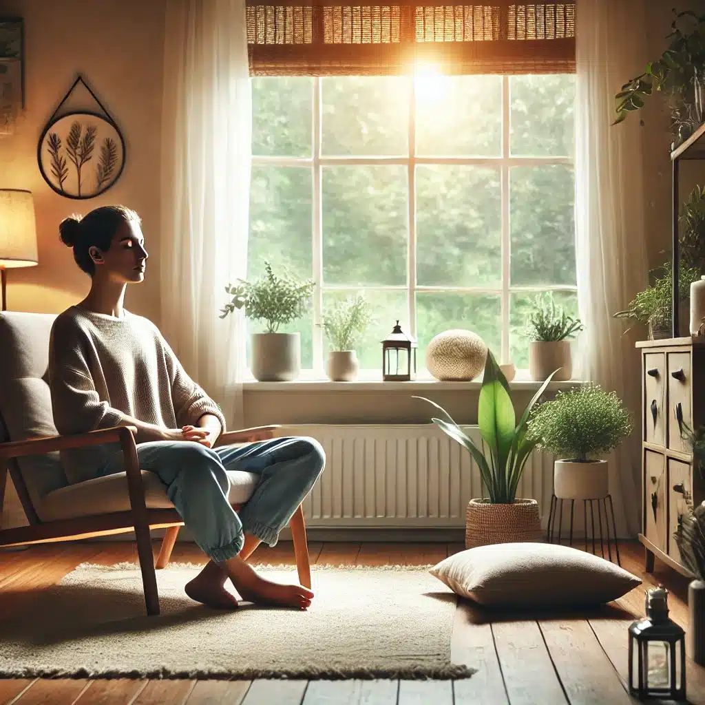 DALL·E 2024-07-03 23.53.22 – A person practicing self-hypnosis at home in a serene and comfortable setting. The person is sitting comfortably on a cozy chair, with closed eyes, de