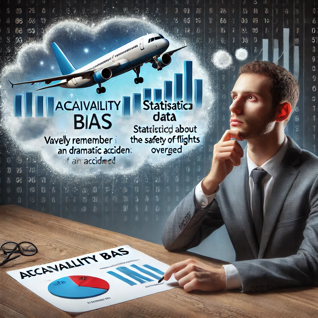 DALL·E 2024-07-20 16.22.45 – A realistic photo illustration representing availability bias_ a person vividly remembering a dramatic event like an airplane accident, with the event
