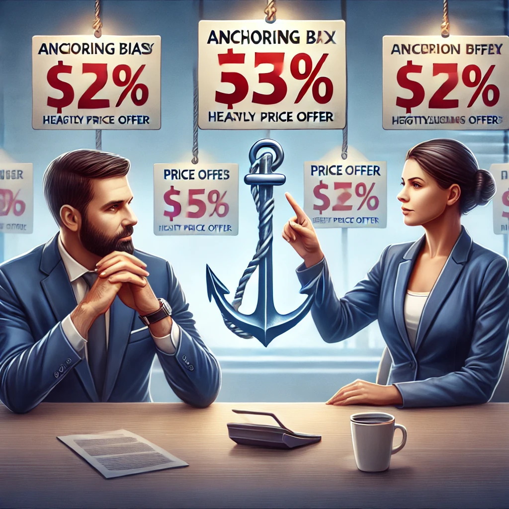 DALL·E 2024-07-20 16.23.20 – A realistic photo illustration representing anchoring bias_ a negotiation scene where the first price offer heavily influences subsequent offers. Show