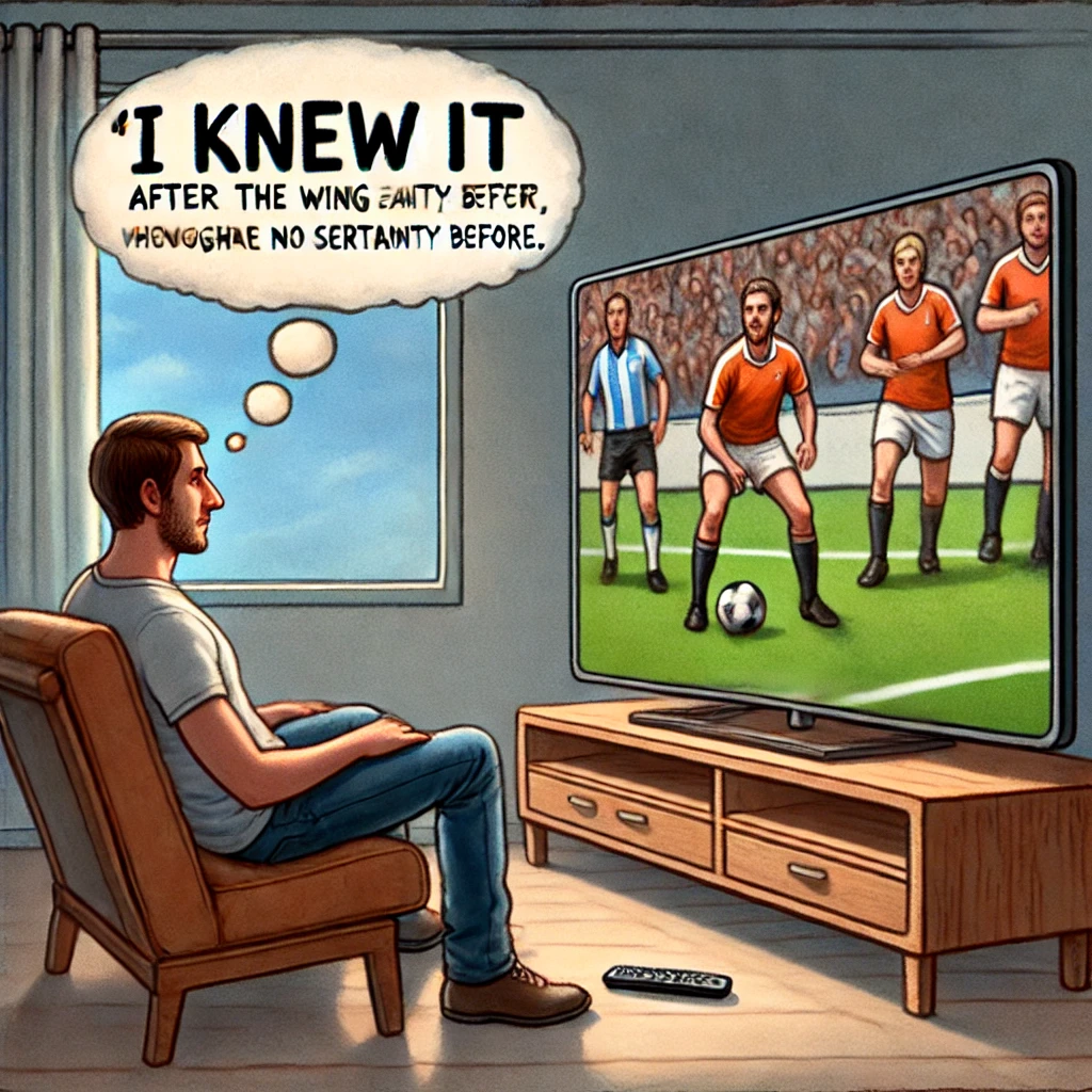 DALL·E 2024-07-20 16.23.42 – A realistic photo illustration representing hindsight bias_ a person watching a sports match on TV and thinking ‘I knew it’ after the winning team sco