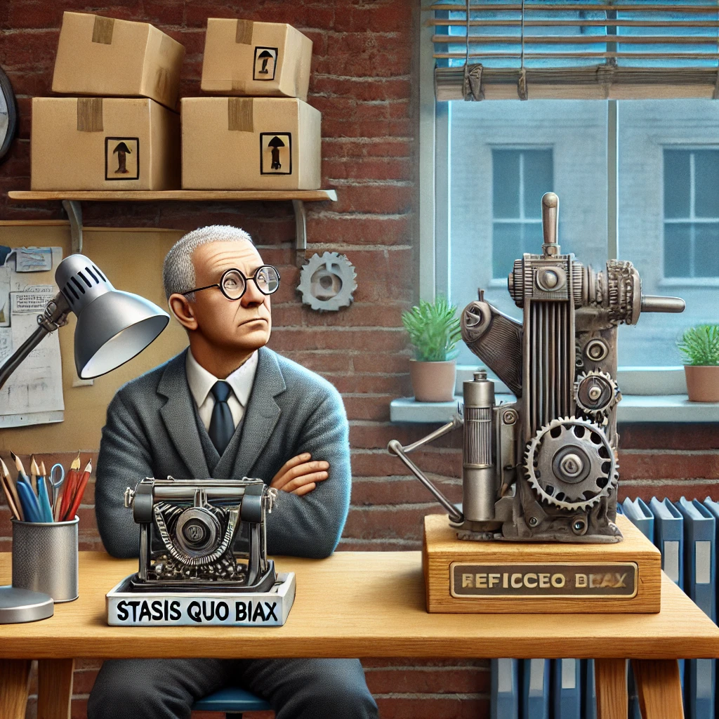 DALL·E 2024-07-20 16.24.20 – A realistic photo illustration representing status quo bias_ a person preferring to stick with an inefficient process rather than trying a new, potent