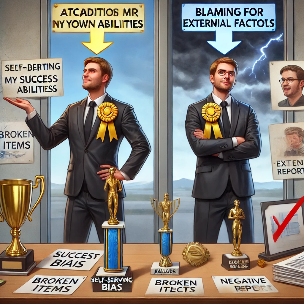 DALL·E 2024-07-20 16.24.27 – A realistic photo illustration representing self-serving bias_ a person proudly attributing their success to their own abilities while blaming externa