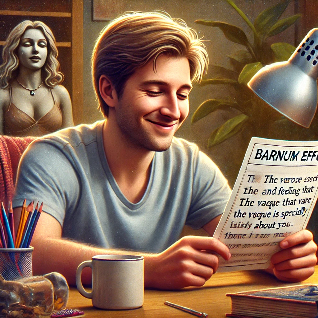 DALL·E 2024-07-20 16.25.35 – A realistic photo illustration representing the Barnum effect_ a person reading a horoscope and feeling that the vague description is specifically abo