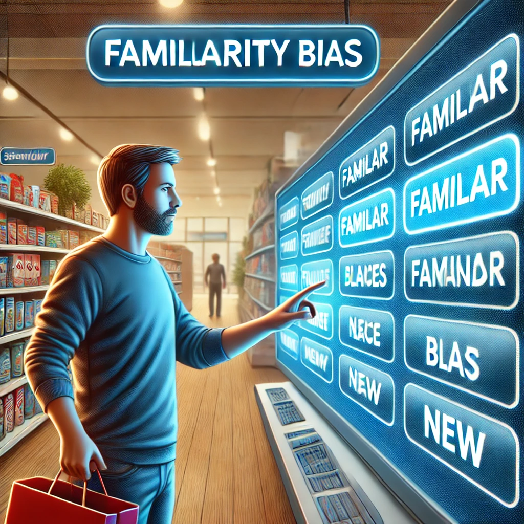 DALL·E 2024-07-20 16.25.50 – A realistic photo illustration representing familiarity bias_ a person choosing familiar brands or places over new ones. The scene shows the person in
